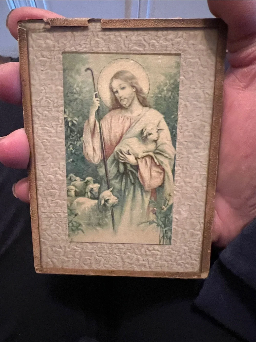 Antique Framed Jesus Holy card Good Shepherd 3.75” x 5”